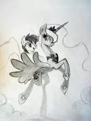 Size: 3216x4288 | Tagged: safe, artist:holivi, derpibooru import, princess luna, scootaloo, alicorn, pegasus, pony, absurd resolution, female, filly, happy, mare, monochrome, pencil drawing, ponies riding ponies, scootalove, traditional art