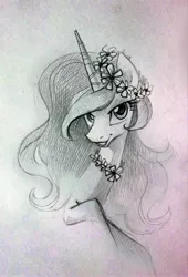 Size: 2736x4024 | Tagged: safe, artist:holivi, derpibooru import, princess celestia, alicorn, pony, absurd resolution, bust, daisy (flower), female, floral head wreath, flower, mare, monochrome, pencil drawing, smiling, solo, traditional art