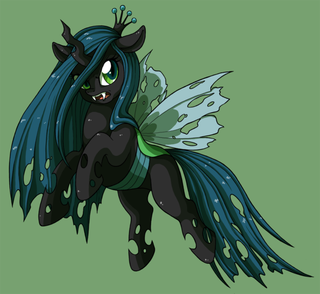 Size: 1089x1002 | Tagged: safe, artist:catsncupcakes, derpibooru import, queen chrysalis, changeling, changeling queen, cute, cutealis, fangs, female, flying, frown, green background, image, looking at you, open mouth, png, simple background, slit eyes, solo