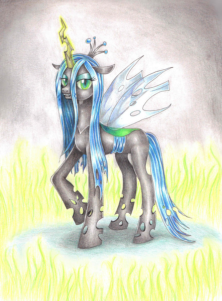 Size: 1847x2503 | Tagged: safe, artist:evomanaphy, derpibooru import, queen chrysalis, changeling, changeling queen, fangs, female, fire, glowing horn, grin, horn, image, jpeg, lidded eyes, looking at you, magic, raised hoof, slit eyes, smiling, solo, standing, traditional art