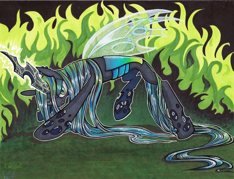 Size: 850x651 | Tagged: safe, artist:lizspit, derpibooru import, queen chrysalis, changeling, changeling queen, fangs, female, fire, glowing horn, horn, image, jpeg, lidded eyes, looking at you, magic, signature, slit eyes, smiling, solo, standing, traditional art