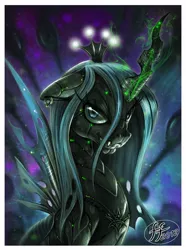 Size: 948x1276 | Tagged: safe, artist:14-bis, derpibooru import, queen chrysalis, changeling, changeling queen, alternate design, bust, ear piercing, earring, fangs, female, floppy ears, glowing horn, horn, image, jewelry, jpeg, looking at you, magic, piercing, portrait, signature, sitting, smiling, solo