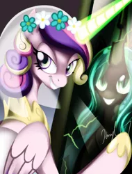 Size: 742x974 | Tagged: safe, artist:honeyl17, derpibooru import, princess cadance, queen chrysalis, alicorn, changeling, changeling queen, pony, disguise, disguised changeling, fake cadance, female, floral head wreath, flower, glowing horn, grin, horn, image, lidded eyes, looking at you, mare, mirror, png, signature, slit eyes, smiling, solo