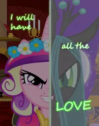 Size: 2934x3729 | Tagged: safe, artist:crazygpu, derpibooru import, princess cadance, queen chrysalis, alicorn, changeling, changeling queen, pony, dialogue, disguise, disguised changeling, evil, fake cadance, fangs, female, floral head wreath, flower, grin, high res, image, jpeg, looking at you, mare, slit eyes, smiling, solo, two sided posters