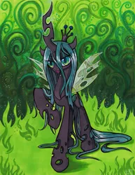 Size: 617x800 | Tagged: safe, artist:lizspit, derpibooru import, queen chrysalis, changeling, changeling queen, female, fire, image, jpeg, lidded eyes, raised hoof, signature, slit eyes, smiling, solo, standing, traditional art