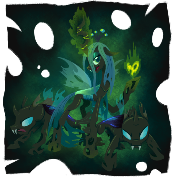 Size: 1058x1071 | Tagged: safe, artist:wizardwannabe, derpibooru import, queen chrysalis, changeling, changeling queen, abstract background, fangs, female, floppy ears, glowing horn, horn, image, lidded eyes, looking at you, magic, open mouth, png, raised hoof, slit eyes, standing