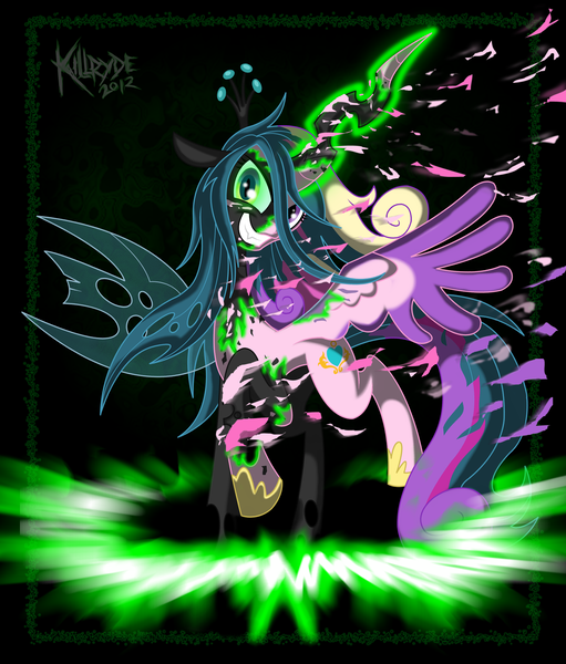 Size: 2300x2700 | Tagged: safe, artist:killryde, derpibooru import, princess cadance, queen chrysalis, alicorn, changeling, changeling queen, pony, action pose, disguise, disguised changeling, duality, fake cadance, female, fusion, glowing horn, grin, high res, horn, image, looking at you, magic, mare, png, raised hoof, slit eyes, smiling, solo, transformation