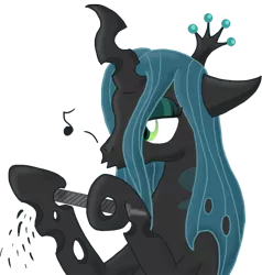 Size: 952x1000 | Tagged: safe, artist:wolferahm, derpibooru import, queen chrysalis, changeling, changeling queen, female, file, floppy ears, hoof hold, hooficure, image, music notes, png, simple background, slit eyes, solo, transparent background, whistling