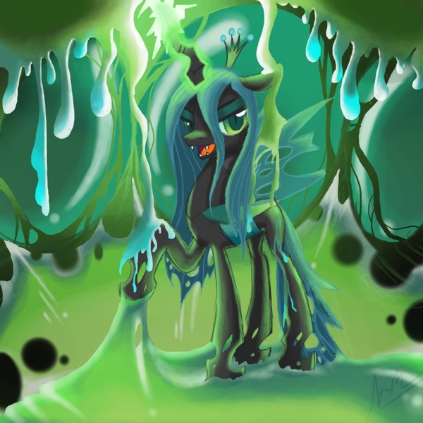 Size: 1500x1500 | Tagged: safe, artist:twintailsinc, derpibooru import, queen chrysalis, changeling, changeling queen, changeling slime, cocoon, fangs, female, glowing horn, horn, image, jpeg, lidded eyes, looking at you, magic, open mouth, raised hoof, signature, slime, slit eyes, smiling, solo, standing