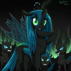 Size: 800x800 | Tagged: safe, artist:skykain, derpibooru import, queen chrysalis, changeling, changeling queen, evil grin, fangs, female, grin, image, lidded eyes, looking at you, png, raised hoof, signature, slit eyes, smiling, standing