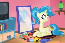 Size: 657x439 | Tagged: safe, artist:nyerpy, derpibooru import, allie way, derpy hooves, pegasus, pony, unicorn, ask allie way, ask, blushing, book, brush, comb, female, hair dryer, hidden derpy, lava lamp, mare, mirror, prone, reflection, scissors, solo focus, tail wrap, television, tumblr