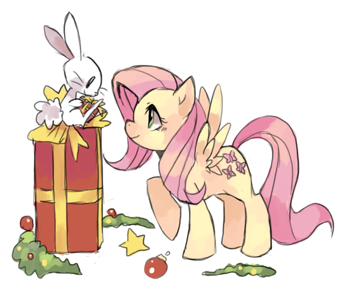 Size: 1505x1355 | Tagged: safe, artist:suikuzu, derpibooru import, angel bunny, fluttershy, pegasus, pony, christmas, female, mare, present, simple background, transparent background