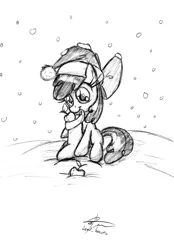 Size: 2047x2944 | Tagged: safe, artist:leadhooves, derpibooru import, apple bloom, earth pony, pony, apple, christmas, female, filly, hat, high res, monochrome, mouth hold, pencil drawing, santa hat, sitting, snow, snowfall, solo, traditional art, winter