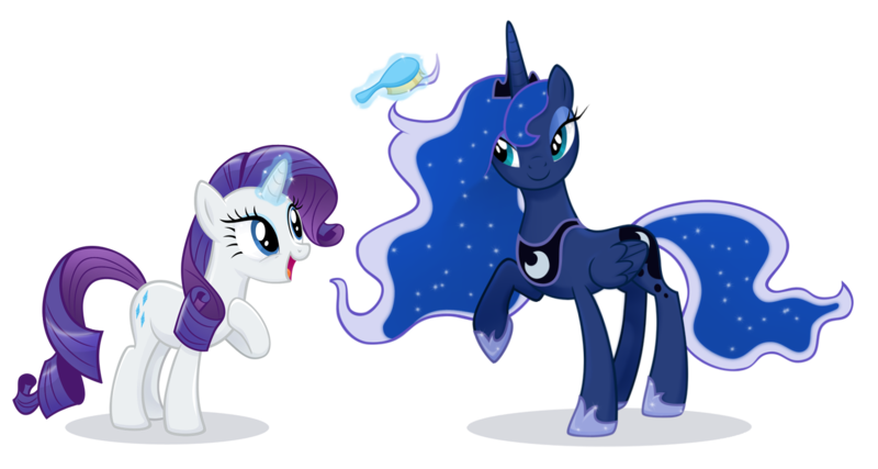 Size: 1393x744 | Tagged: safe, artist:catwhitney, derpibooru import, princess luna, rarity, alicorn, pony, unicorn, brushie, female, glowing horn, hairbrush, magic, mare, raised hoof, simple background, telekinesis