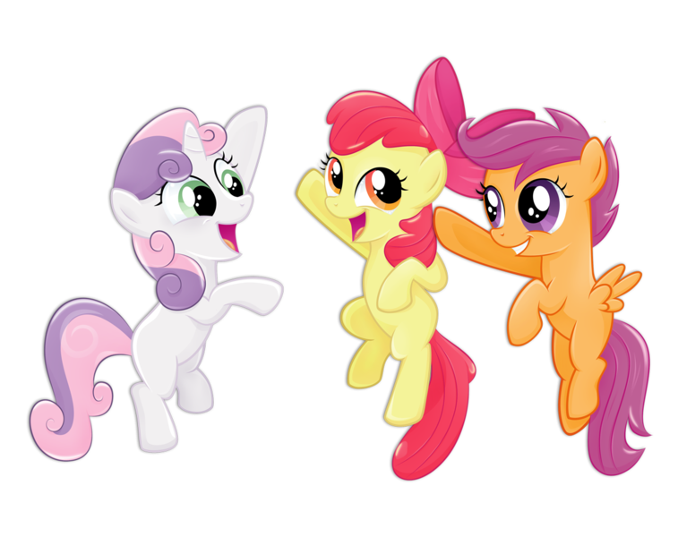 Size: 1253x993 | Tagged: safe, artist:catwhitney, derpibooru import, apple bloom, scootaloo, sweetie belle, earth pony, pegasus, pony, unicorn, cutie mark crusaders, female, filly, happy, jumping, simple background, transparent background