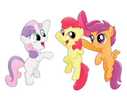 Size: 1253x993 | Tagged: safe, artist:catwhitney, derpibooru import, apple bloom, scootaloo, sweetie belle, earth pony, pegasus, pony, unicorn, cutie mark crusaders, female, filly, happy, jumping, simple background, transparent background
