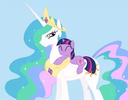 Size: 1500x1176 | Tagged: safe, artist:glittering-pony, derpibooru import, princess celestia, twilight sparkle, alicorn, pony, unicorn, female, filly, mare, momlestia, ponies riding ponies, simple background