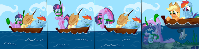 Size: 2132x533 | Tagged: safe, artist:cgeta, derpibooru import, applejack, octavia melody, rainbow dash, twilight sparkle, earth pony, monster pony, octopony, original species, pegasus, pony, unicorn, boat, circling stars, comic, cowboy hat, diving, eyes closed, fail, female, fishing, floppy ears, frown, hat, laughing, mare, octaviapus, rock, sleeping, smiling, snorkel, stetson, this will end in a wheelchair, trio, underwater, water