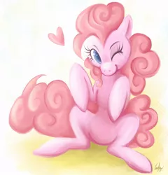 Size: 864x900 | Tagged: safe, artist:akita48, derpibooru import, pinkie pie, earth pony, pony, cute, diapinkes, female, heart, mare, sitting, solo, wink