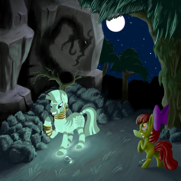 Size: 900x900 | Tagged: safe, artist:fantdragon, derpibooru import, apple bloom, zecora, earth pony, pony, zebra, duo, everfree forest, female, filly, glow-in-the-dark, mare, night, rearing, scared, shadow, vial