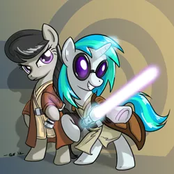 Size: 1280x1280 | Tagged: safe, artist:giantmosquito, derpibooru import, octavia melody, vinyl scratch, earth pony, pony, unicorn, bipedal, clothes, crossover, female, jedi, lightsaber, mare, star wars