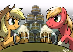 Size: 1000x716 | Tagged: safe, artist:johnjoseco, derpibooru import, applejack, big macintosh, earth pony, pony, cider, drinking contest, eye contact, female, looking at each other, male, mare, stallion