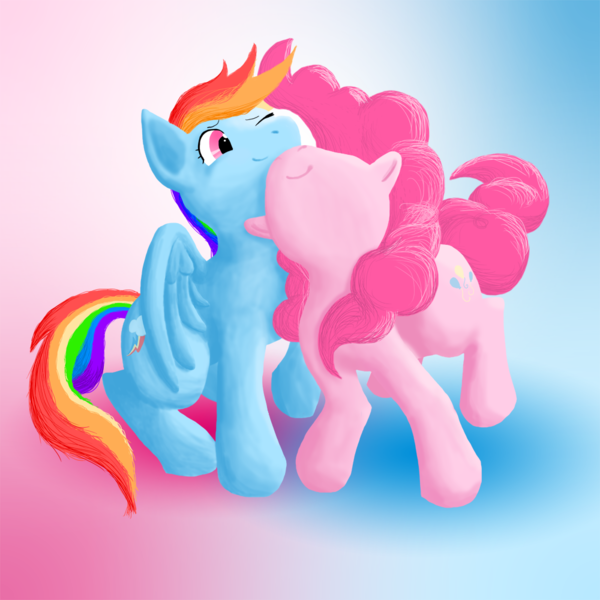 Size: 1000x1000 | Tagged: safe, artist:captainggkitten, derpibooru import, pinkie pie, rainbow dash, earth pony, pegasus, pony, female, gradient background, happy, lesbian, mare, neck nuzzle, nuzzling, pinkiedash, shipping