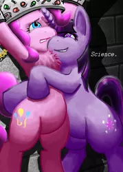 Size: 1000x1400 | Tagged: safe, artist:captainggkitten, derpibooru import, pinkie pie, twilight sparkle, earth pony, pony, unicorn, bipedal, chest fluff, creepy, crying, female, fluffy, hape, hug, image, insanity, mad scientist, mare, personal space invasion, png, science, unicorn twilight