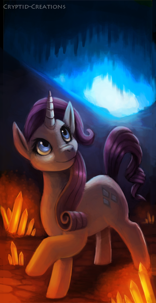 Size: 413x800 | Tagged: safe, artist:cryptid-creations, derpibooru import, rarity, pony, unicorn, backlighting, cave, female, gem, looking up, mare, solo
