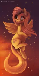 Size: 413x800 | Tagged: safe, artist:cryptid-creations, derpibooru import, fluttershy, pegasus, pony, cute, female, fluffy, flying, looking back, mare, smiling, solo, spread wings, stars