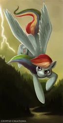 Size: 413x800 | Tagged: safe, artist:cryptid-creations, derpibooru import, rainbow dash, pegasus, pony, female, flying, forest, lightning, mare, river, solo