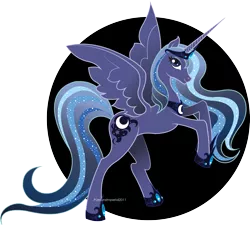 Size: 2539x2282 | Tagged: safe, artist:ladyamaltea, derpibooru import, princess luna, alicorn, pony, abstract background, alternate cutie mark, female, high res, mare, older, rearing, simple background, solo, transparent background, ultimate luna