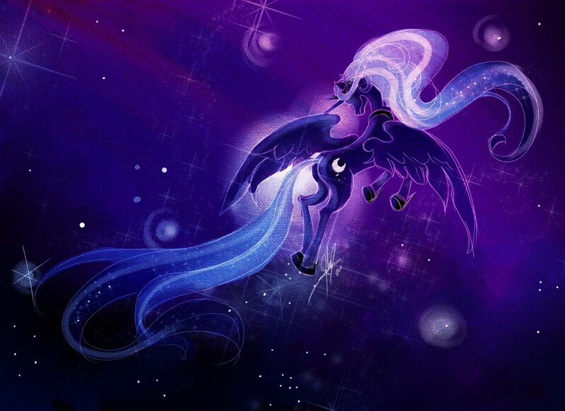 Size: 1650x1200 | Tagged: safe, artist:ladyamaltea, derpibooru import, princess luna, alicorn, pony, female, flying, mare, night, rear view, solo, spread wings, stars, wings