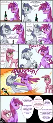 Size: 700x1600 | Tagged: safe, artist:starlightspark, derpibooru import, berry punch, berryshine, ruby pinch, earth pony, pony, unicorn, bar, blushing, bottle, comic, dialogue, drunk, exclamation point, falcon punch, female, filly, foal, male, mare, slice of life, stallion, tin tailor