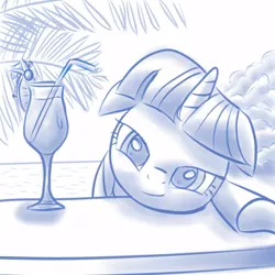 Size: 1000x1000 | Tagged: safe, artist:rayhiros, derpibooru import, twilight sparkle, pony, unicorn, 1 hour drawing, alcohol, bedroom eyes, cocktail, drunk, drunk twilight, female, floppy ears, looking at you, mare, monochrome, paint tool sai, smiling, solo, swimming pool