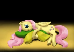 Size: 1023x723 | Tagged: safe, artist:steamroller988, derpibooru import, fluttershy, pegasus, pony, female, gradient background, mare, one eye closed, pillow, side, solo