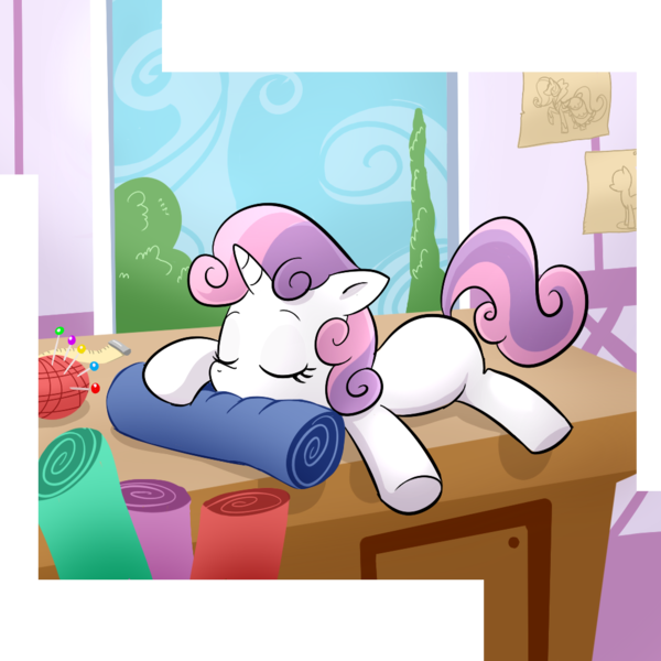 Size: 1000x1000 | Tagged: safe, artist:madmax, derpibooru import, sweetie belle, pony, unicorn, carousel boutique, cute, diasweetes, dumb fabric, fabric, female, filly, needle, simple background, sleeping, solo, transparent background