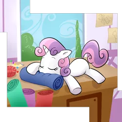 Size: 1000x1000 | Tagged: safe, artist:madmax, derpibooru import, sweetie belle, pony, unicorn, carousel boutique, cute, diasweetes, dumb fabric, fabric, female, filly, needle, simple background, sleeping, solo, transparent background
