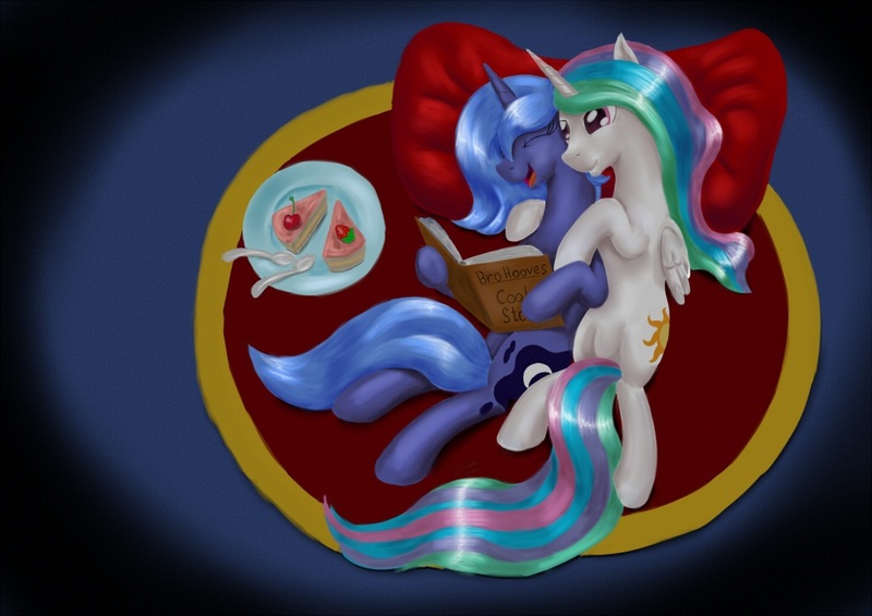 Size: 1023x723 | Tagged: safe, artist:steamroller988, derpibooru import, princess celestia, princess luna, alicorn, pony, book, cake, cuddling, cute, cutelestia, eyes closed, female, grin, happy, hug, laughing, lunabetes, mare, missing accessory, on back, open mouth, princess, reading, s1 luna, side, smiling, snuggling