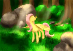 Size: 1023x723 | Tagged: safe, artist:steamroller988, derpibooru import, fluttershy, butterfly, pegasus, pony, crepuscular rays, eyes closed, female, happy, mare, solo, tree
