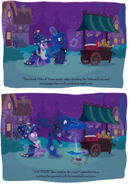 Size: 1396x2010 | Tagged: safe, artist:wizardwannabe, derpibooru import, princess luna, twilight sparkle, alicorn, pony, unicorn, building, candy, cart, clothes, comic, costume, cup, cupcake, dialogue, drink, female, flying, frown, house, lollipop, magic, mare, night, nightmare night, open mouth, parody, punch, punch bowl, raised hoof, scared, sitting, skull, sky, slice of life, smiling, sonic xboom, spread wings, stall, stars, thor, traditional royal canterlot voice, yelling