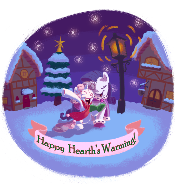 Size: 1144x1202 | Tagged: safe, artist:wizardwannabe, derpibooru import, rarity, sweetie belle, pony, unicorn, book, caroling, christmas, eyes closed, female, filly, happy, hearth's warming eve, holiday, lamppost, mare, singing, snow, stars