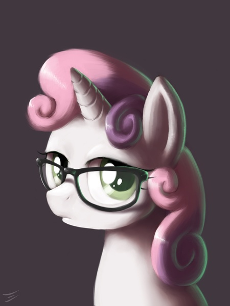 Size: 1200x1600 | Tagged: dead source, safe, artist:swaetshrit, derpibooru import, sweetie belle, pony, unicorn, bust, female, filly, glasses, gray background, hipster, looking at you, paint tool sai, portrait, simple background, solo