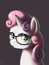 Size: 1200x1600 | Tagged: dead source, safe, artist:swaetshrit, artist:sweatshirt, derpibooru import, sweetie belle, pony, unicorn, 2011, black background, bust, female, filly, foal, frown, glasses, gray background, hipster, image, jpeg, looking at you, paint tool sai, portrait, signature, simple background, solo