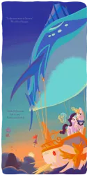 Size: 1246x2437 | Tagged: safe, artist:wizardwannabe, derpibooru import, prince blueblood, rarity, pony, unicorn, fanfic, fanfic:the flight of the alicorn, airship, canterlot, drink, fanfic art, female, flying, glass, magic, male, mare, rariblood, riding, shipping, stallion, straight, sunset, telekinesis, wine