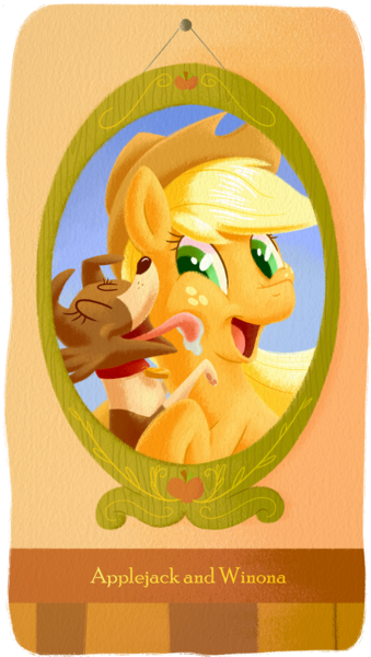 Size: 625x1105 | Tagged: safe, artist:wizardwannabe, derpibooru import, applejack, winona, earth pony, pony, face licking, female, frame, happy, licking, mare, tongue out