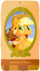 Size: 625x1105 | Tagged: safe, artist:wizardwannabe, derpibooru import, applejack, winona, earth pony, pony, face licking, female, frame, happy, licking, mare, tongue out