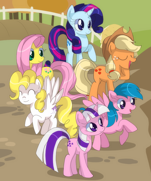 Size: 720x860 | Tagged: dead source, safe, artist:loyaldis, derpibooru import, applejack, firefly, fluttershy, pinkie pie, posey, rainbow dash, rarity, sparkler (g1), surprise, twilight (g1), twilight sparkle, earth pony, pegasus, pony, unicorn, applejack's hat, cowboy hat, eyes closed, female, flying, g1, g1 six, g1 to g4, happy, hat, horn, mane six, mare, raised hoof, smiling, spread wings, standing, wings