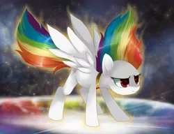 Size: 1559x1200 | Tagged: dead source, safe, artist:loyaldis, derpibooru import, rainbow dash, pegasus, pony, element of loyalty, female, frown, mare, smiling, solo, space, spread wings, standing, super rainbow dash, wings