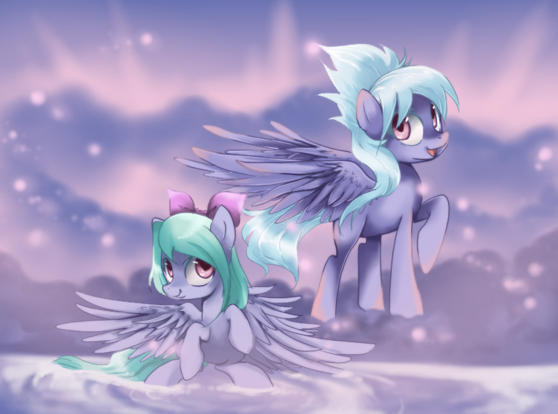 Size: 802x594 | Tagged: safe, artist:loyaldis, derpibooru import, cloudchaser, flitter, pegasus, pony, bow, duo, duo female, female, hair bow, happy, looking at you, mare, raised hoof, sisters, sitting, smiling, spread wings, standing, wings